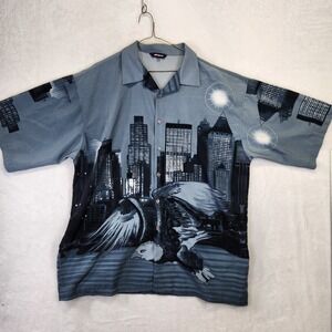 Bignd Mens XXL Blue Eagle Cityscape Graphic Short Sleeve‎ Button Down Shirt